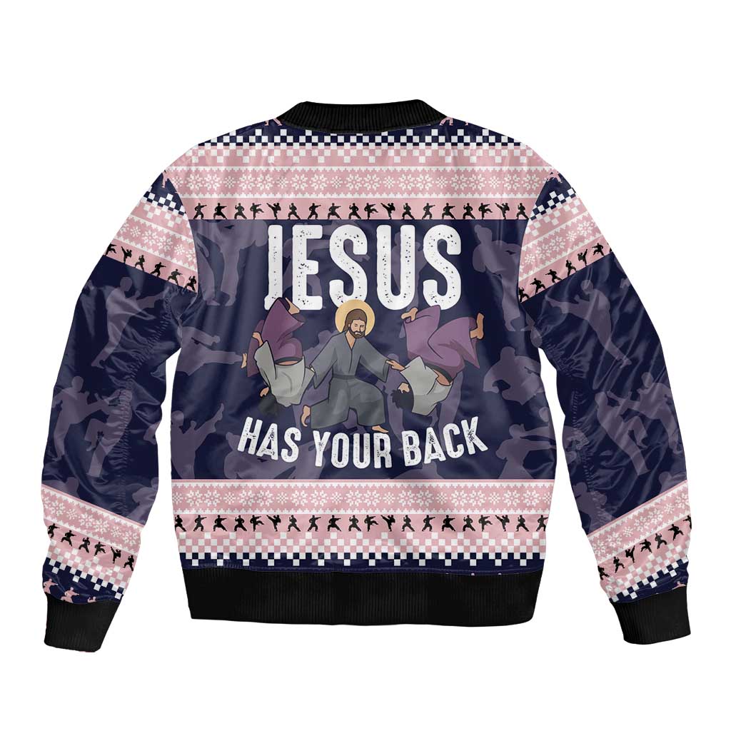 Jesus Has Your Back Jiu Jitsu Christmas Sleeve Zip Bomber Jacket Funny Xmas Holiday Patterns - Wonder Print Shop