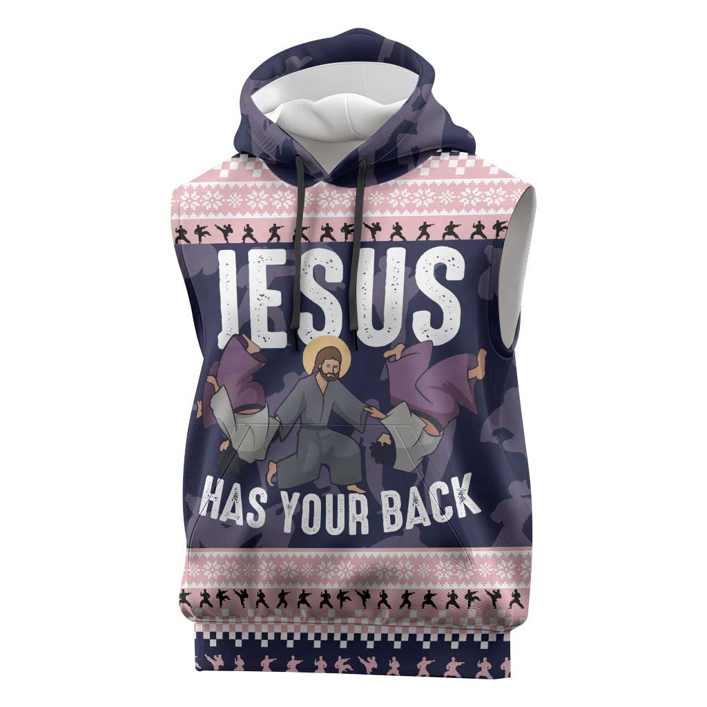 Jesus Has Your Back Jiu Jitsu Christmas Sleeveless Hoodie Funny Xmas Holiday Patterns - Wonder Print Shop
