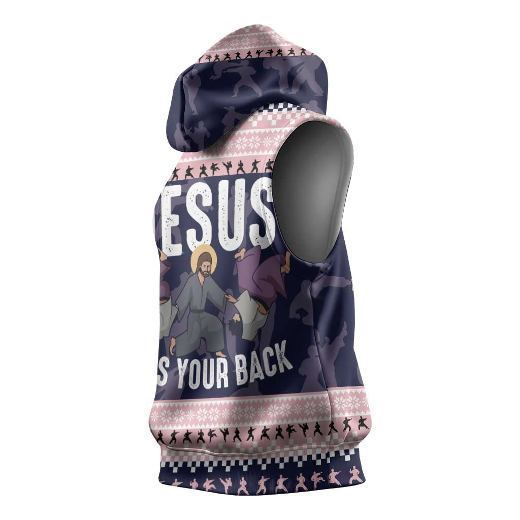 Jesus Has Your Back Jiu Jitsu Christmas Sleeveless Hoodie Funny Xmas Holiday Patterns - Wonder Print Shop