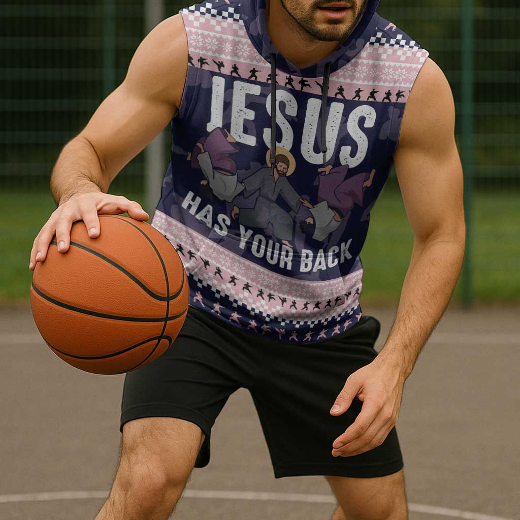 Jesus Has Your Back Jiu Jitsu Christmas Sleeveless Hoodie Funny Xmas Holiday Patterns - Wonder Print Shop