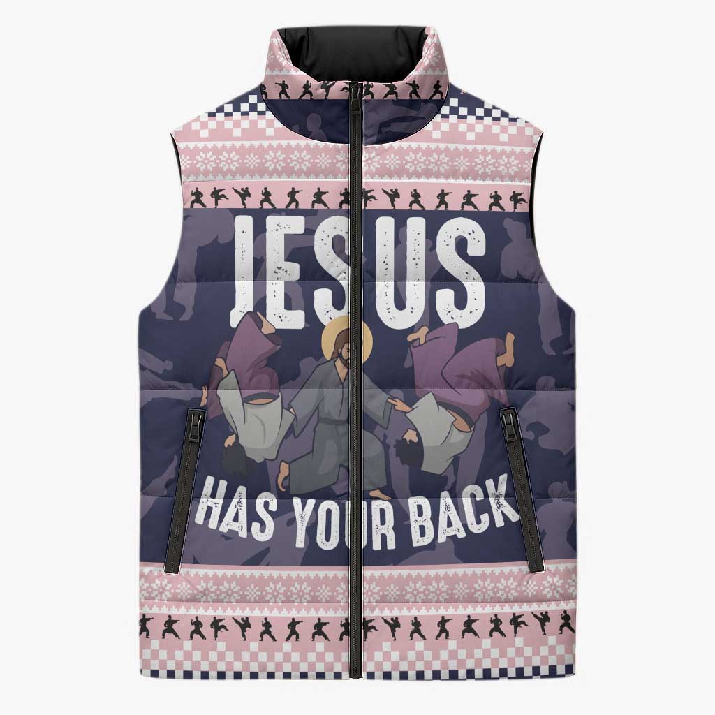 Jesus Has Your Back Jiu Jitsu Christmas Sleeveless Puffer Jacket Funny Xmas Holiday Patterns - Wonder Print Shop