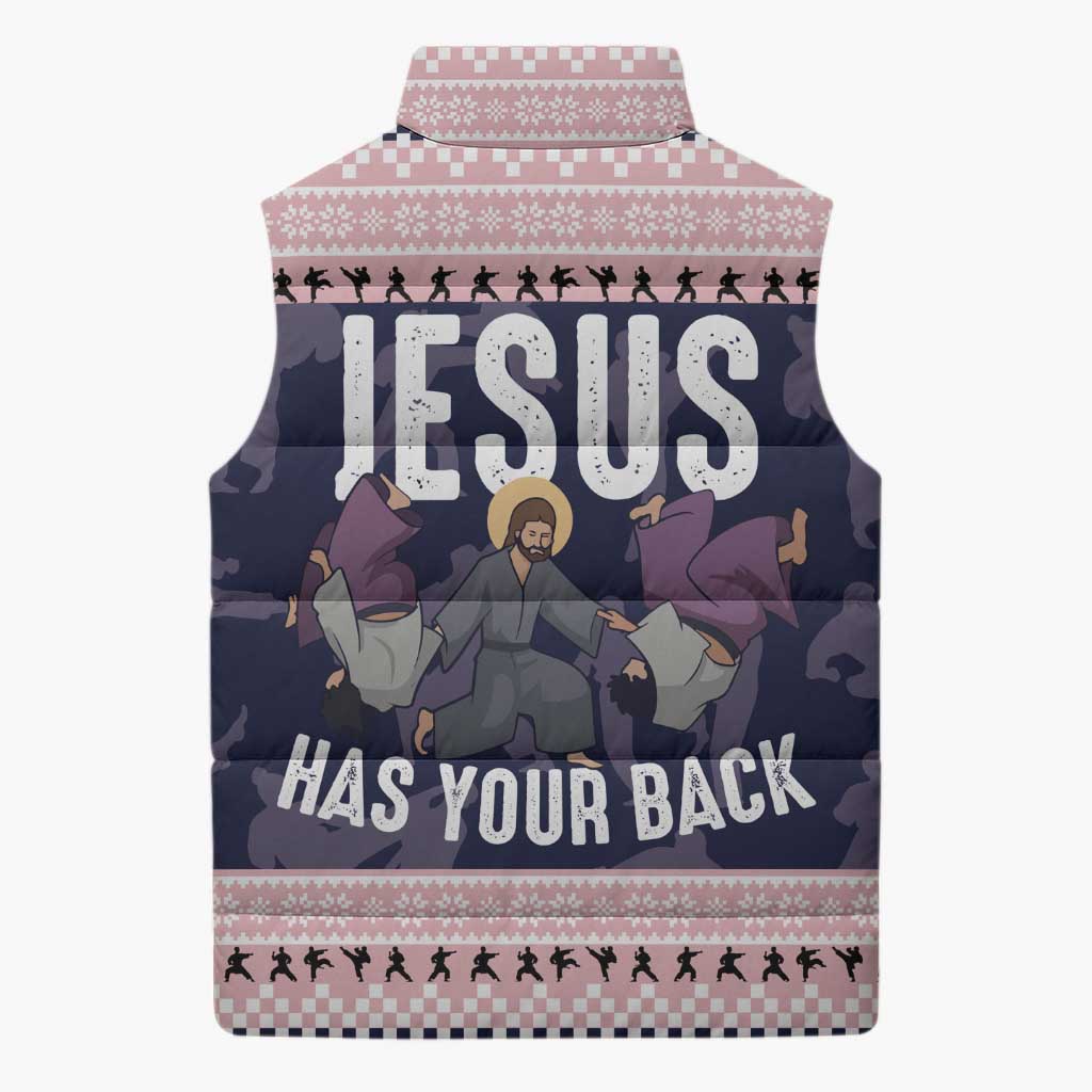 Jesus Has Your Back Jiu Jitsu Christmas Sleeveless Puffer Jacket Funny Xmas Holiday Patterns - Wonder Print Shop