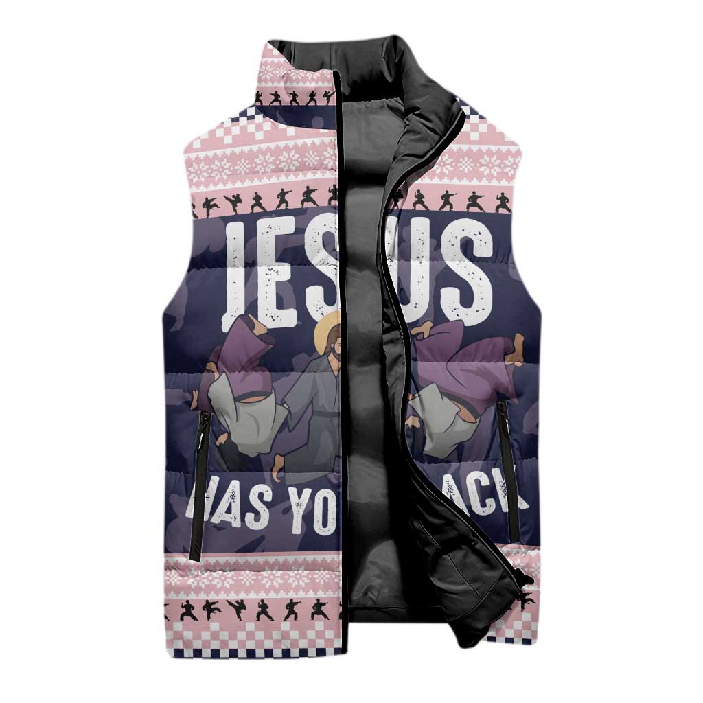 Jesus Has Your Back Jiu Jitsu Christmas Sleeveless Puffer Jacket Funny Xmas Holiday Patterns - Wonder Print Shop