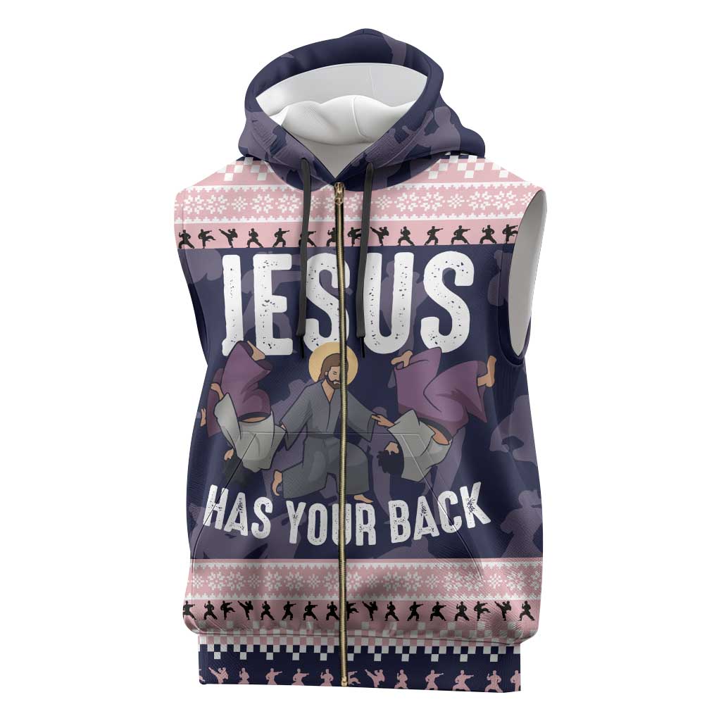 Jesus Has Your Back Jiu Jitsu Christmas Sleeveless Zip Hoodie Funny Xmas Holiday Patterns - Wonder Print Shop