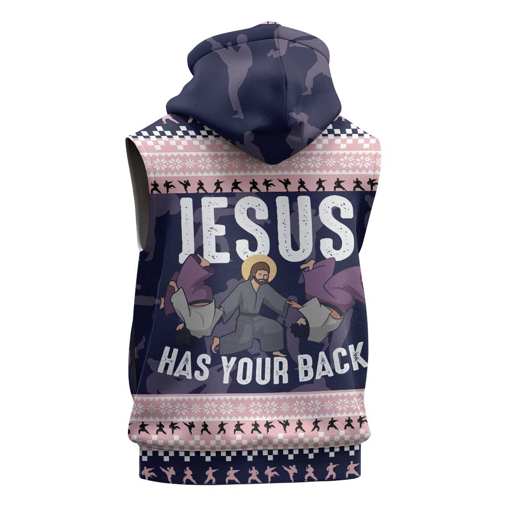 Jesus Has Your Back Jiu Jitsu Christmas Sleeveless Zip Hoodie Funny Xmas Holiday Patterns - Wonder Print Shop
