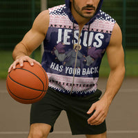 Jesus Has Your Back Jiu Jitsu Christmas Sleeveless Zip Hoodie Funny Xmas Holiday Patterns - Wonder Print Shop