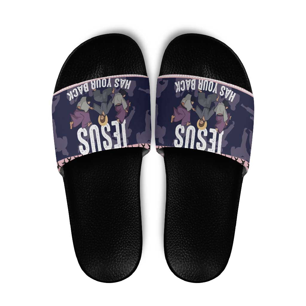 Jesus Has Your Back Jiu Jitsu Christmas Slide Sandals Funny Xmas Holiday Patterns - Wonder Print Shop