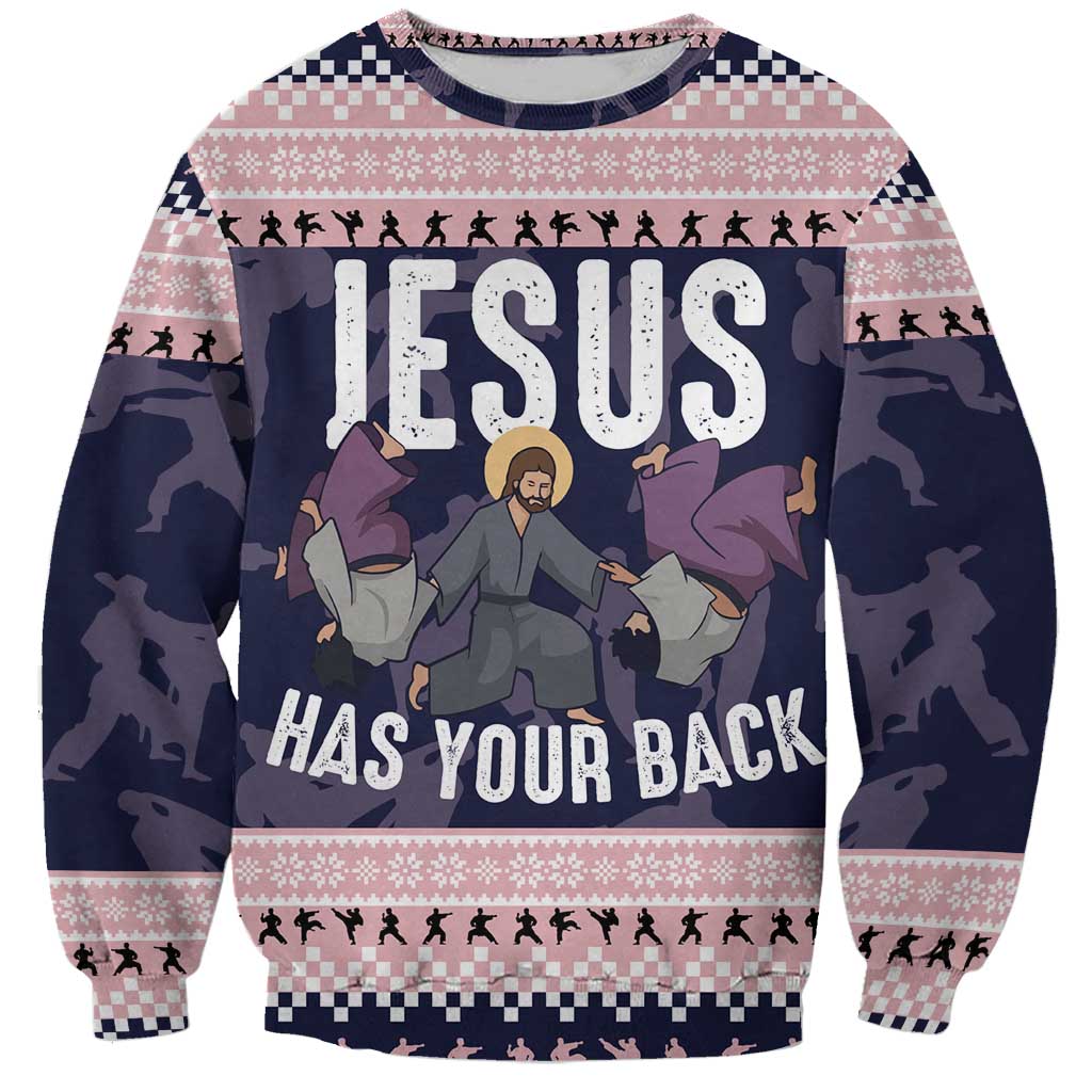 Jesus Has Your Back Jiu Jitsu Christmas Sweatshirt Funny Xmas Holiday Patterns - Wonder Print Shop