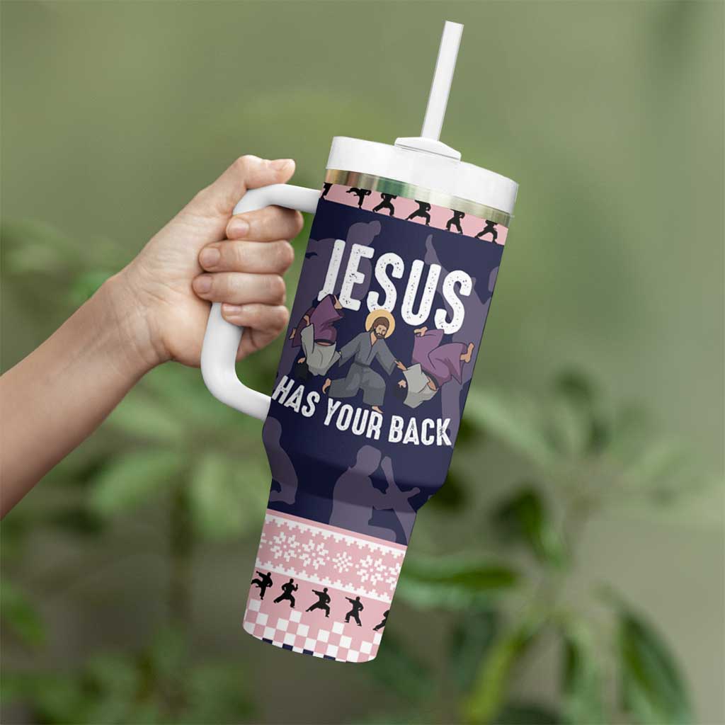 Jesus Has Your Back Jiu Jitsu Christmas Tumbler With Handle Funny Xmas Holiday Patterns - Wonder Print Shop