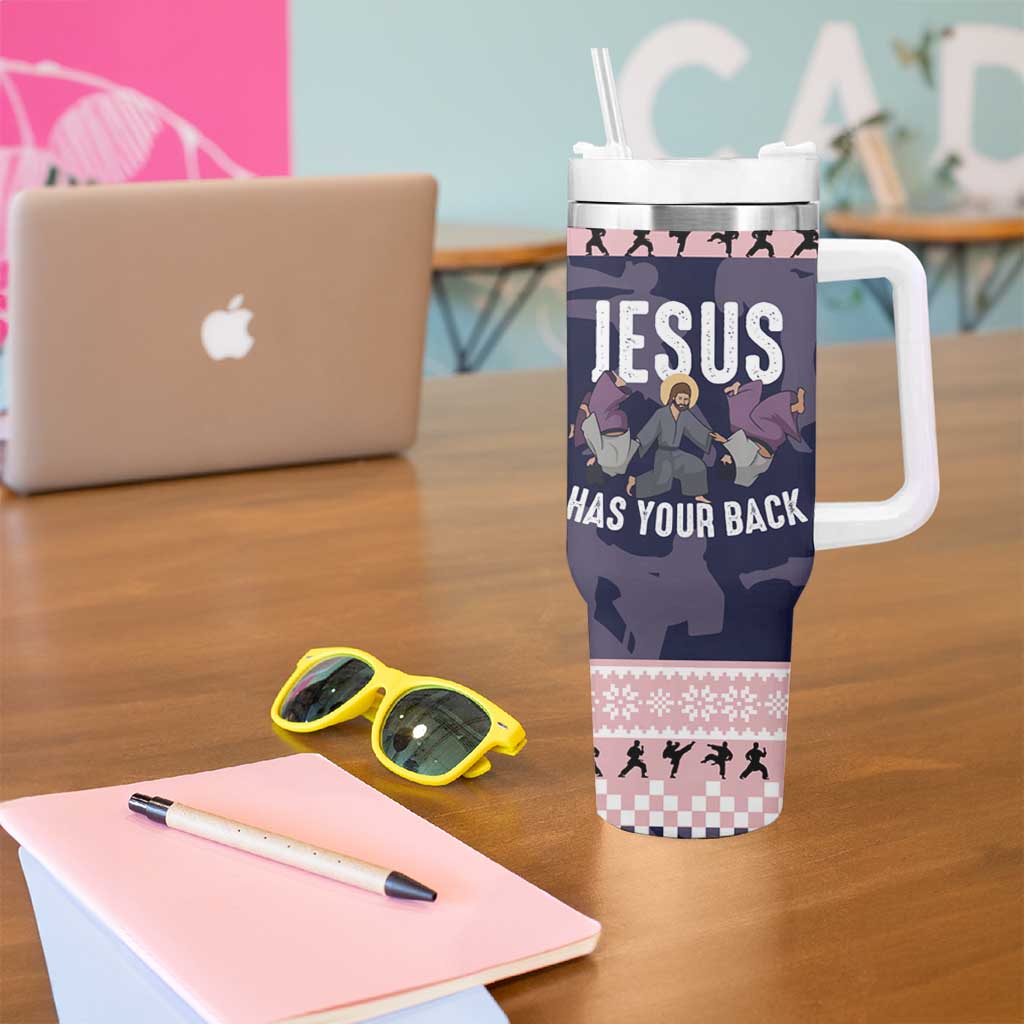 Jesus Has Your Back Jiu Jitsu Christmas Tumbler With Handle Funny Xmas Holiday Patterns - Wonder Print Shop