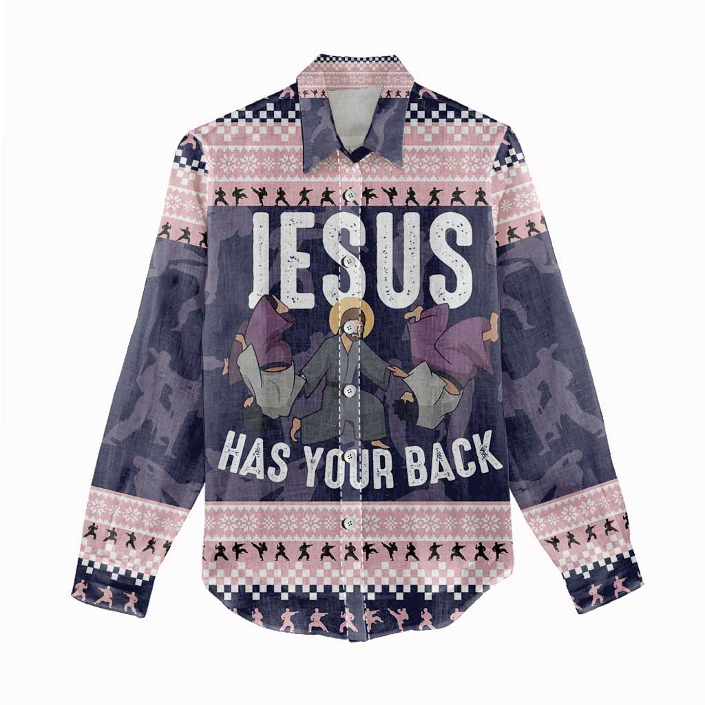 Jesus Has Your Back Jiu Jitsu Christmas Women Casual Shirt Funny Xmas Holiday Patterns - Wonder Print Shop