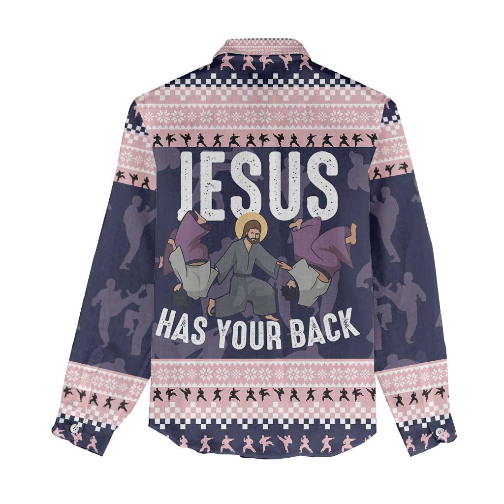 Jesus Has Your Back Jiu Jitsu Christmas Women Casual Shirt Funny Xmas Holiday Patterns - Wonder Print Shop
