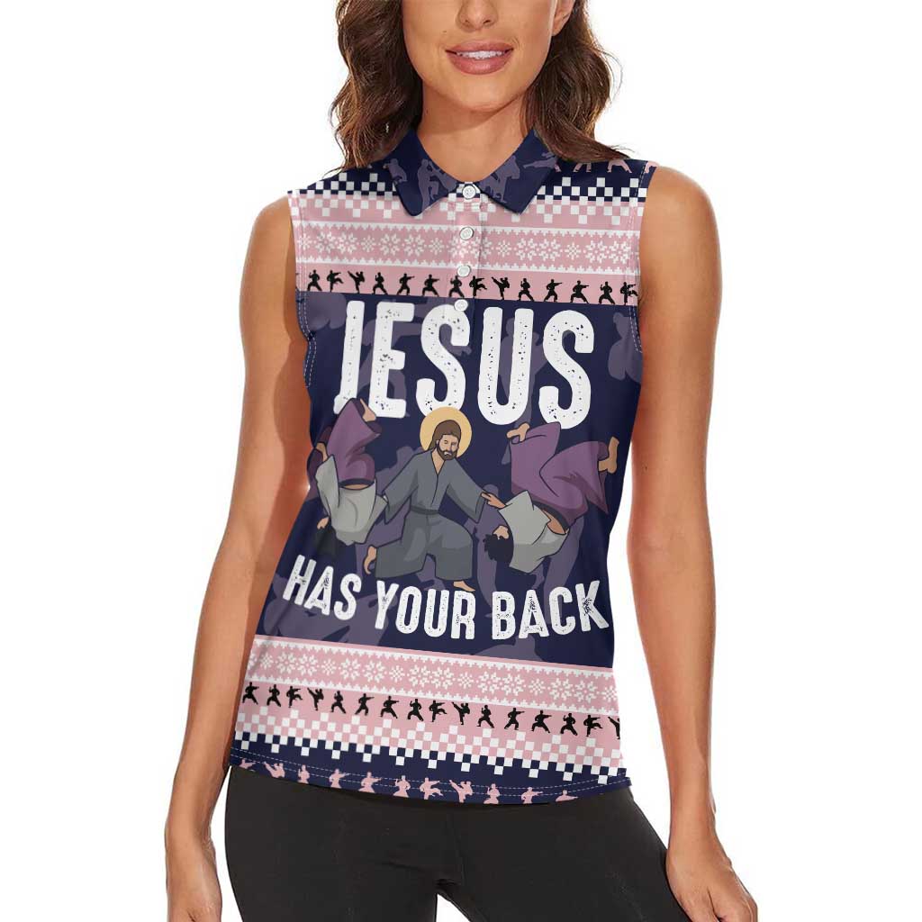 Jesus Has Your Back Jiu Jitsu Christmas Women Sleeveless Polo Shirt Funny Xmas Holiday Patterns - Wonder Print Shop