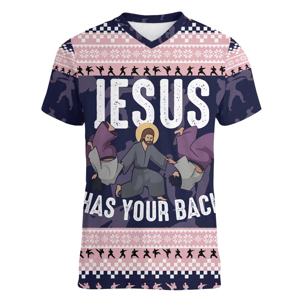 Jesus Has Your Back Jiu Jitsu Christmas Women V-Neck T-Shirt Funny Xmas Holiday Patterns - Wonder Print Shop