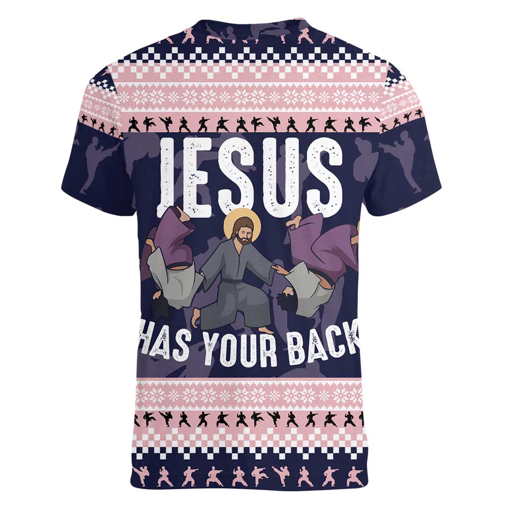 Jesus Has Your Back Jiu Jitsu Christmas Women V-Neck T-Shirt Funny Xmas Holiday Patterns - Wonder Print Shop
