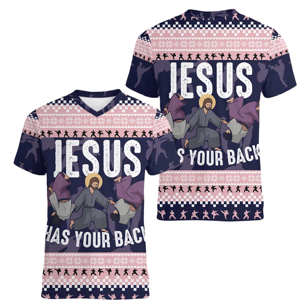 Jesus Has Your Back Jiu Jitsu Christmas Women V-Neck T-Shirt Funny Xmas Holiday Patterns - Wonder Print Shop