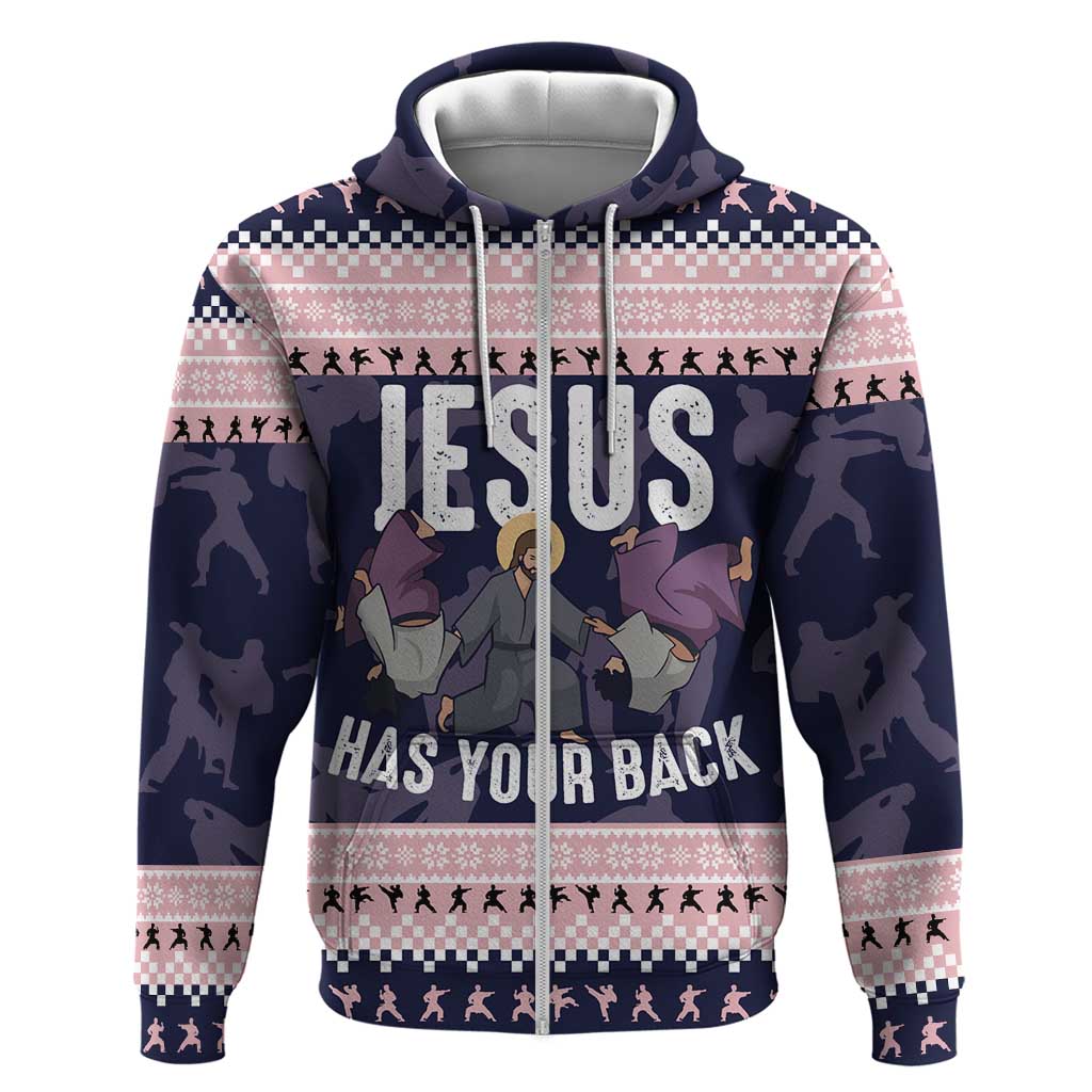 Jesus Has Your Back Jiu Jitsu Christmas Zip Hoodie Funny Xmas Holiday Patterns - Wonder Print Shop