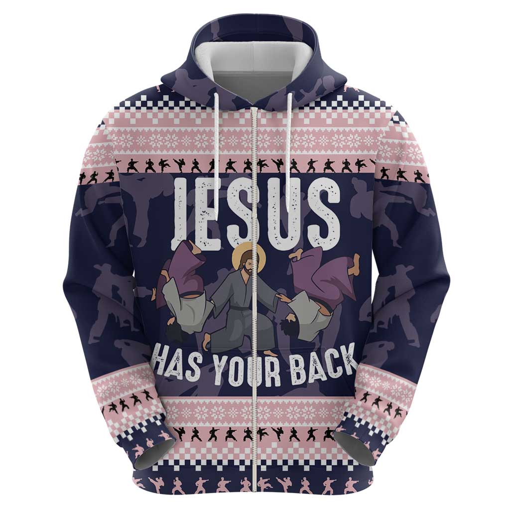 Jesus Has Your Back Jiu Jitsu Christmas Zip Hoodie Funny Xmas Holiday Patterns - Wonder Print Shop