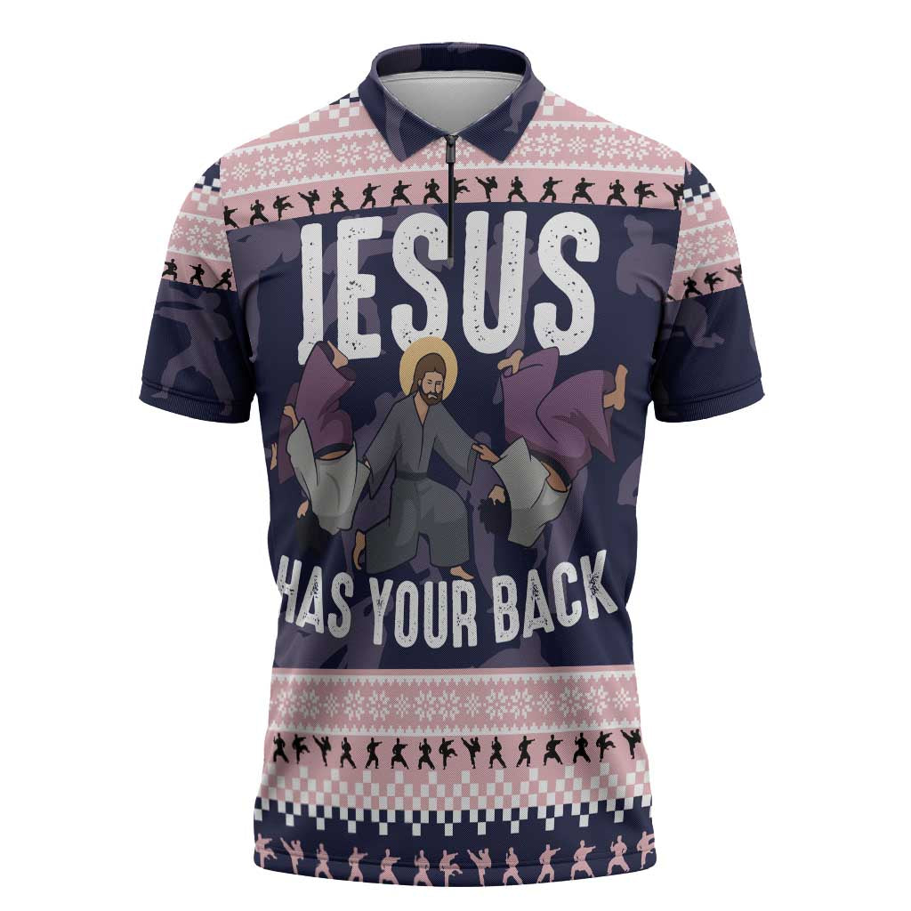 Jesus Has Your Back Jiu Jitsu Christmas Zipper Polo Shirt Funny Xmas Holiday Patterns - Wonder Print Shop