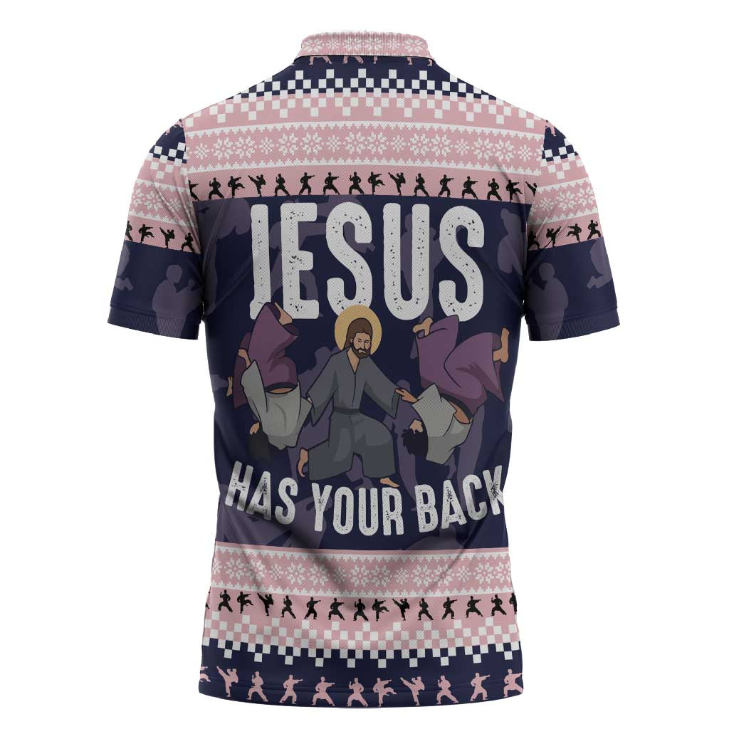 Jesus Has Your Back Jiu Jitsu Christmas Zipper Polo Shirt Funny Xmas Holiday Patterns - Wonder Print Shop