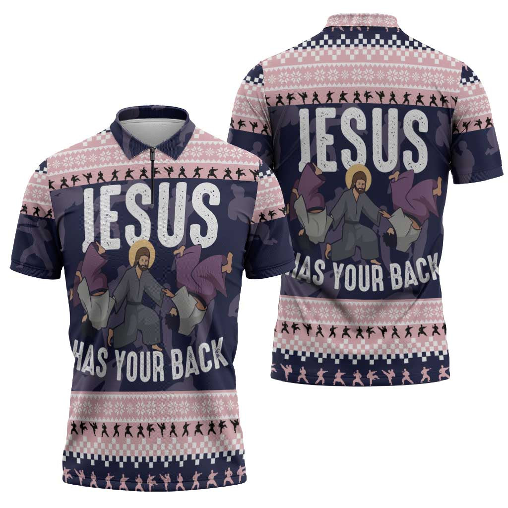 Jesus Has Your Back Jiu Jitsu Christmas Zipper Polo Shirt Funny Xmas Holiday Patterns - Wonder Print Shop