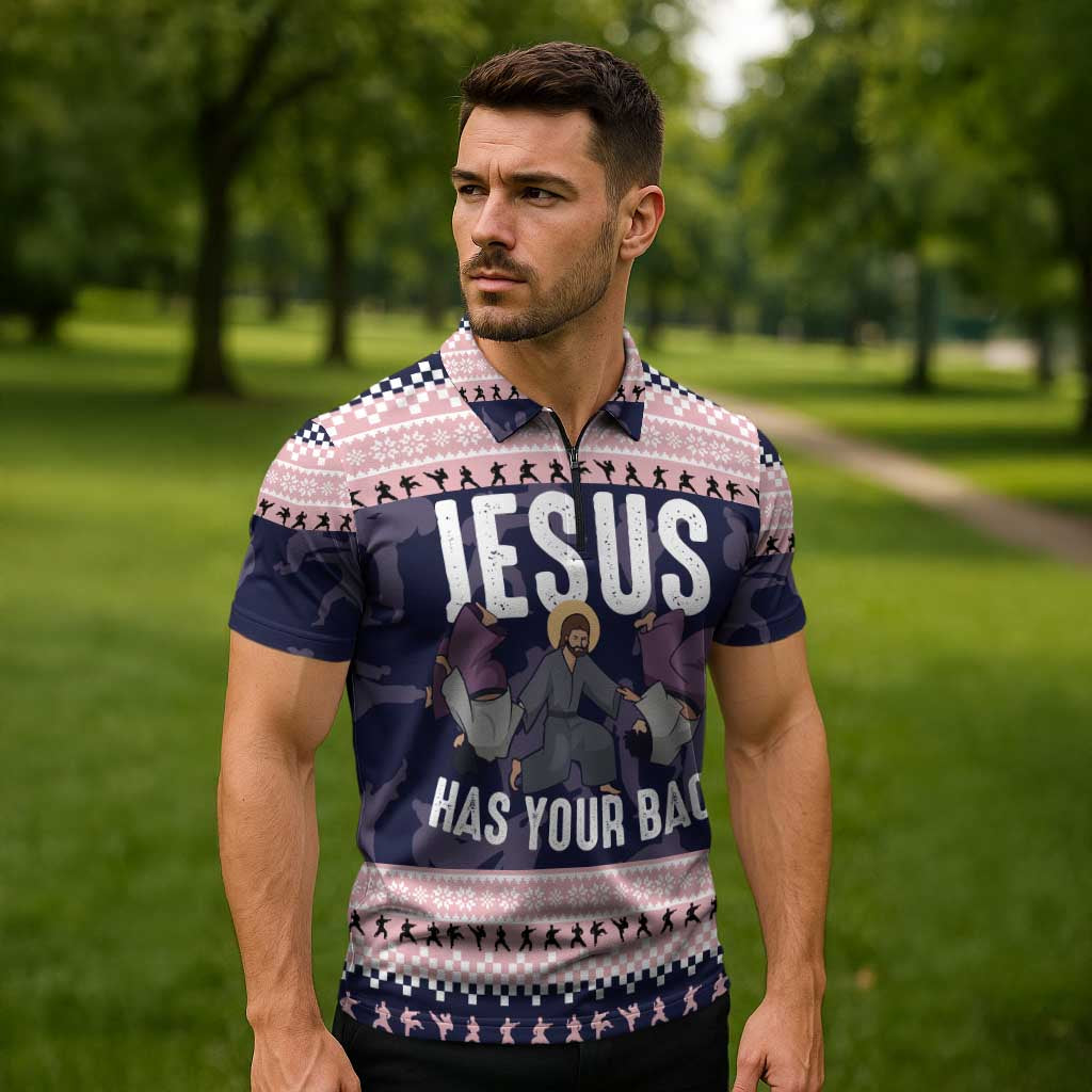Jesus Has Your Back Jiu Jitsu Christmas Zipper Polo Shirt Funny Xmas Holiday Patterns - Wonder Print Shop
