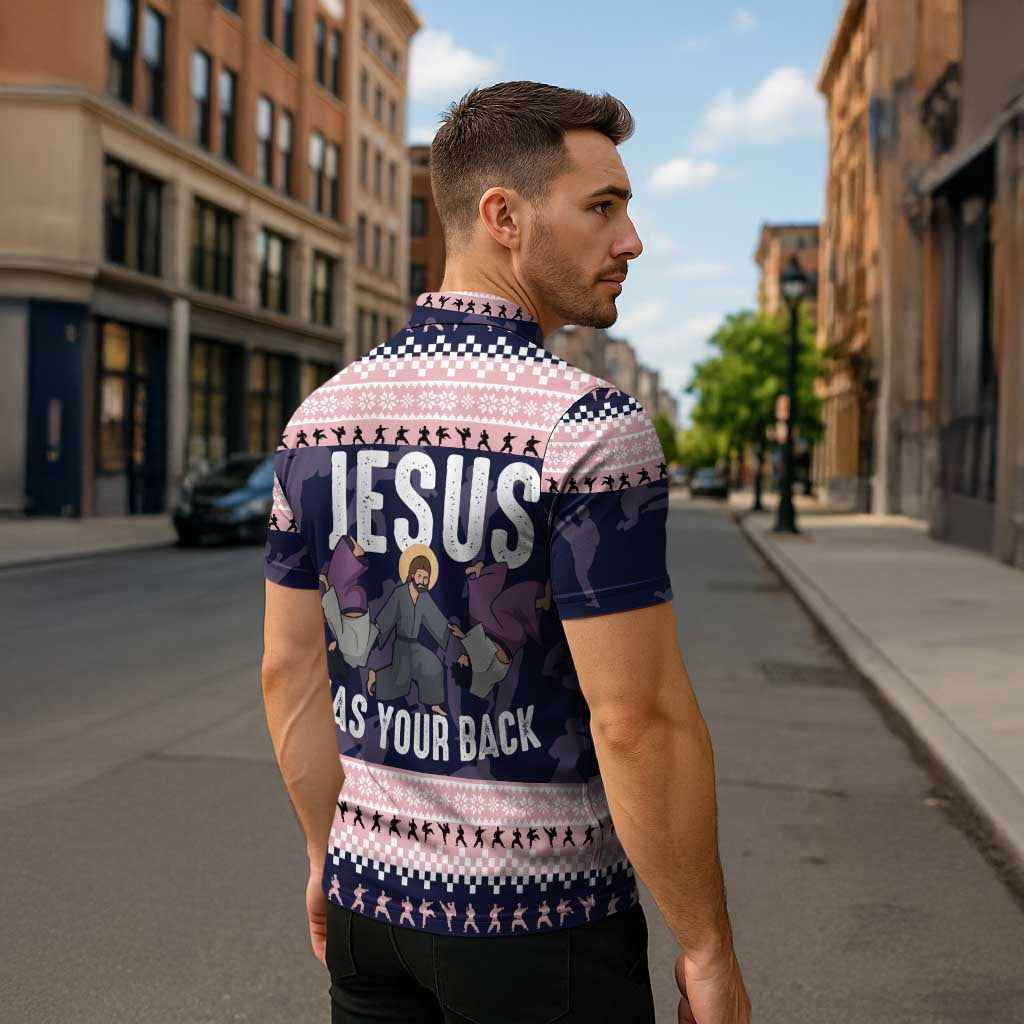 Jesus Has Your Back Jiu Jitsu Christmas Zipper Polo Shirt Funny Xmas Holiday Patterns - Wonder Print Shop