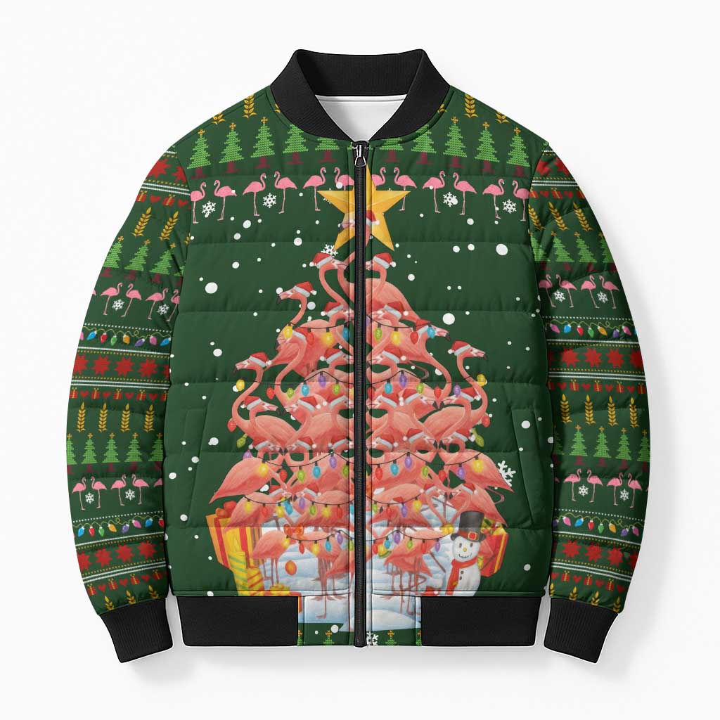 Flamingo Christmas Tree Christmas Bomber Puffer Jacket Funny Xmas Holiday Patterns - Wonder Print Shop