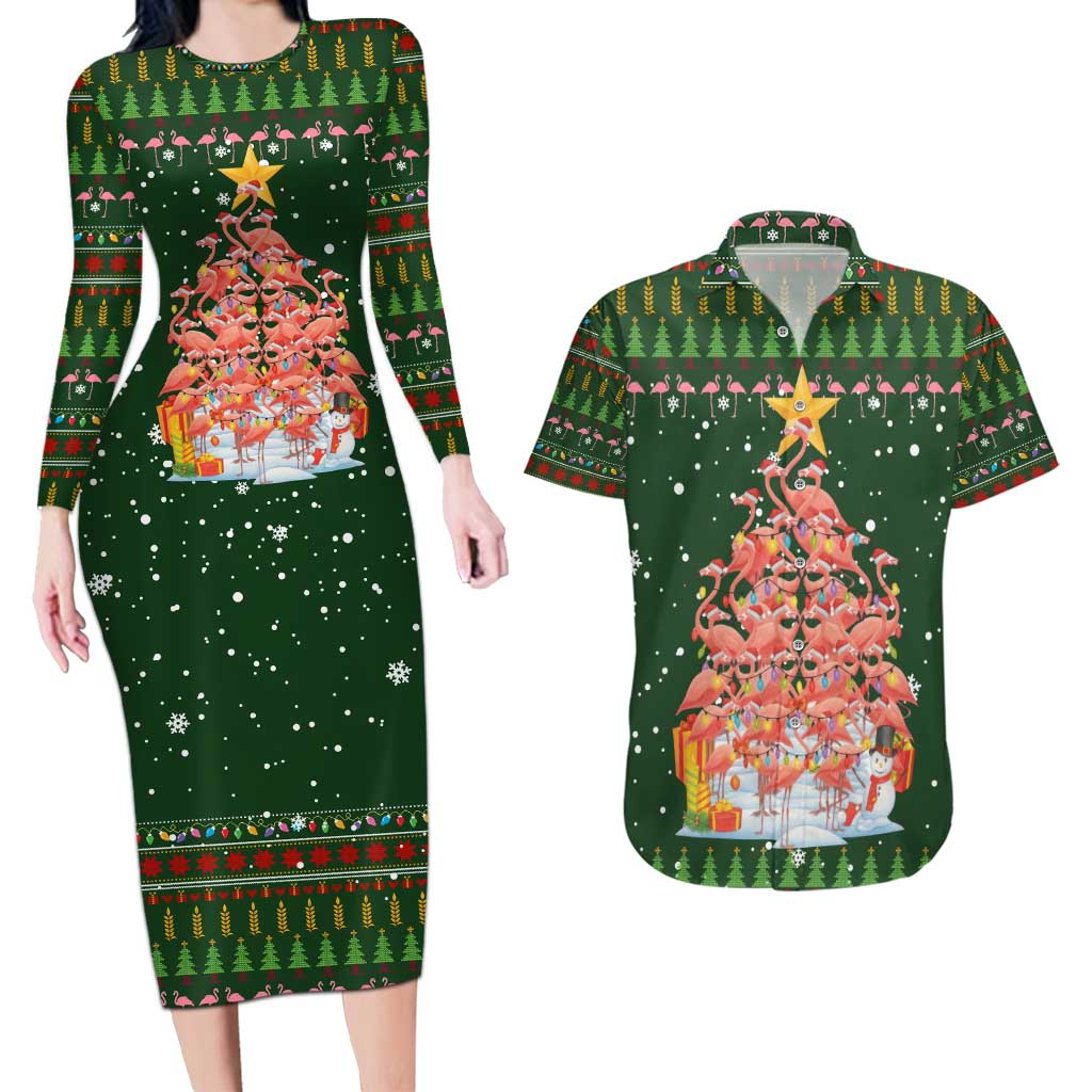 Flamingo Christmas Tree Christmas Couples Matching Long Sleeve Bodycon Dress and Hawaiian Shirt Funny Xmas Holiday Patterns - Wonder Print Shop