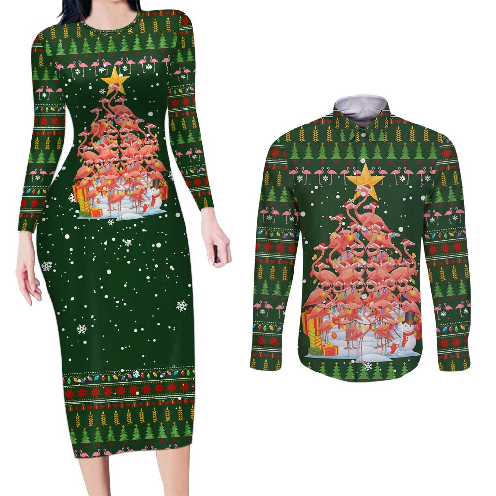 Flamingo Christmas Tree Christmas Couples Matching Long Sleeve Bodycon Dress and Long Sleeve Button Shirt Funny Xmas Holiday Patterns - Wonder Print Shop