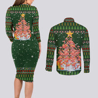 Flamingo Christmas Tree Christmas Couples Matching Long Sleeve Bodycon Dress and Long Sleeve Button Shirt Funny Xmas Holiday Patterns - Wonder Print Shop