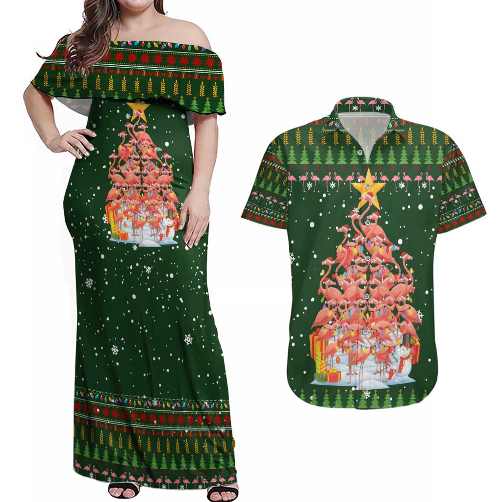 Flamingo Christmas Tree Christmas Couples Matching Off Shoulder Maxi Dress and Hawaiian Shirt Funny Xmas Holiday Patterns - Wonder Print Shop