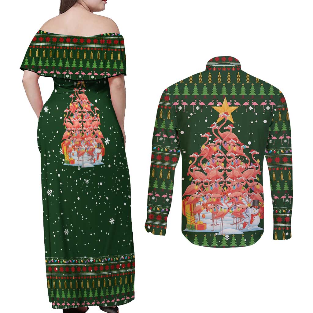 Flamingo Christmas Tree Christmas Couples Matching Off Shoulder Maxi Dress and Long Sleeve Button Shirt Funny Xmas Holiday Patterns - Wonder Print Shop