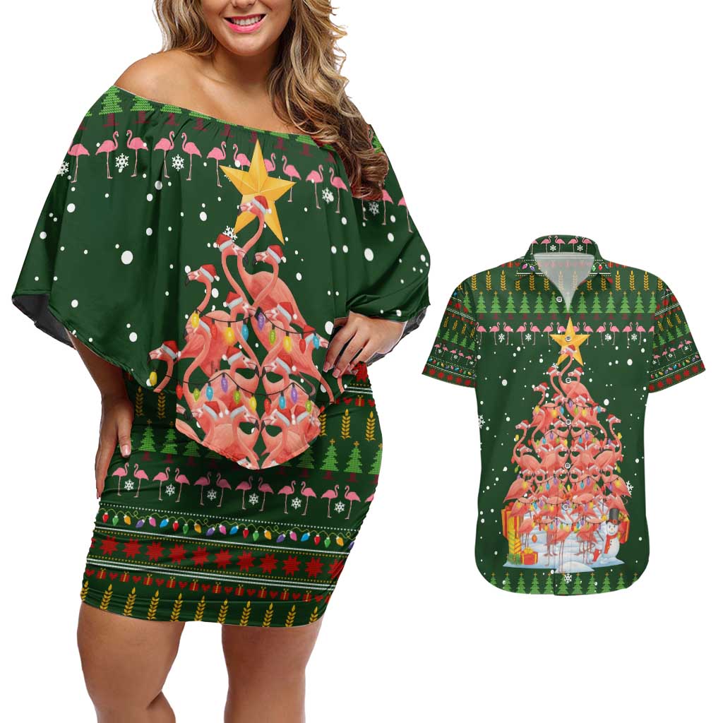 Flamingo Christmas Tree Christmas Couples Matching Off Shoulder Short Dress and Hawaiian Shirt Funny Xmas Holiday Patterns - Wonder Print Shop