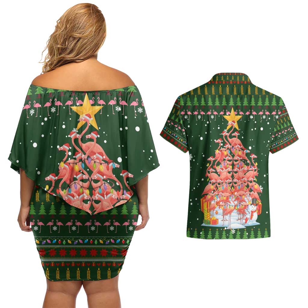 Flamingo Christmas Tree Christmas Couples Matching Off Shoulder Short Dress and Hawaiian Shirt Funny Xmas Holiday Patterns - Wonder Print Shop