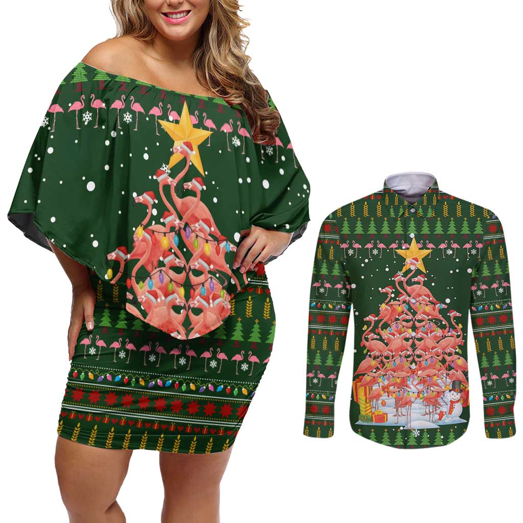 Flamingo Christmas Tree Christmas Couples Matching Off Shoulder Short Dress and Long Sleeve Button Shirt Funny Xmas Holiday Patterns - Wonder Print Shop