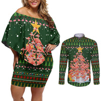 Flamingo Christmas Tree Christmas Couples Matching Off Shoulder Short Dress and Long Sleeve Button Shirt Funny Xmas Holiday Patterns - Wonder Print Shop