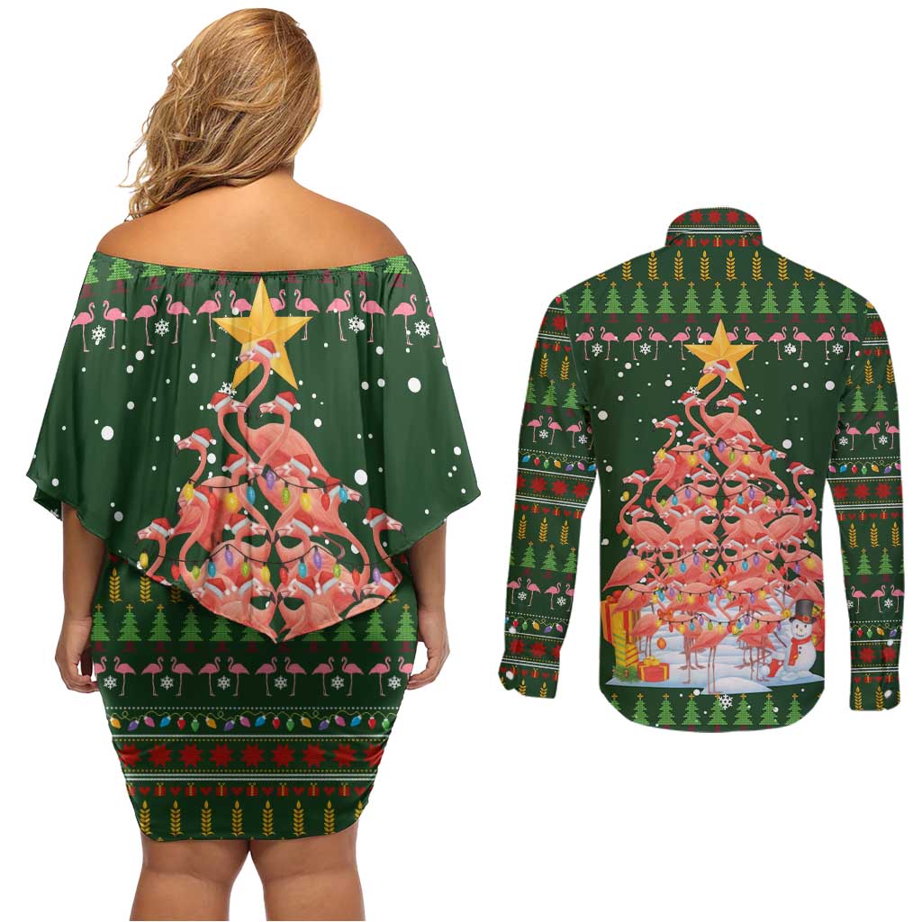 Flamingo Christmas Tree Christmas Couples Matching Off Shoulder Short Dress and Long Sleeve Button Shirt Funny Xmas Holiday Patterns - Wonder Print Shop