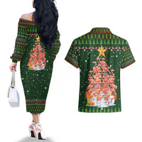 Flamingo Christmas Tree Christmas Couples Matching Off The Shoulder Long Sleeve Dress and Hawaiian Shirt Funny Xmas Holiday Patterns - Wonder Print Shop