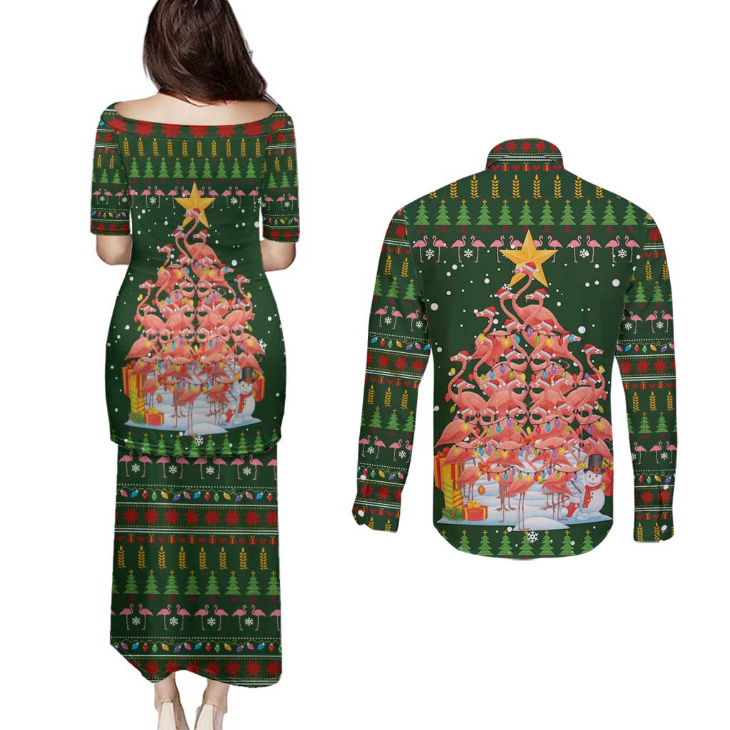 Flamingo Christmas Tree Christmas Couples Matching Puletasi and Long Sleeve Button Shirt Funny Xmas Holiday Patterns - Wonder Print Shop
