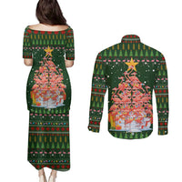 Flamingo Christmas Tree Christmas Couples Matching Puletasi and Long Sleeve Button Shirt Funny Xmas Holiday Patterns - Wonder Print Shop