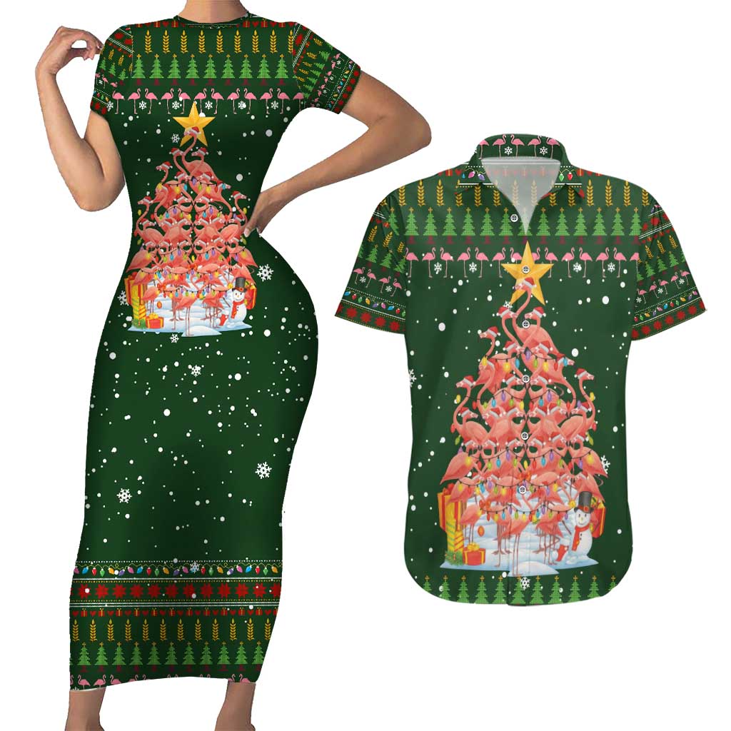 Flamingo Christmas Tree Christmas Couples Matching Short Sleeve Bodycon Dress and Hawaiian Shirt Funny Xmas Holiday Patterns - Wonder Print Shop
