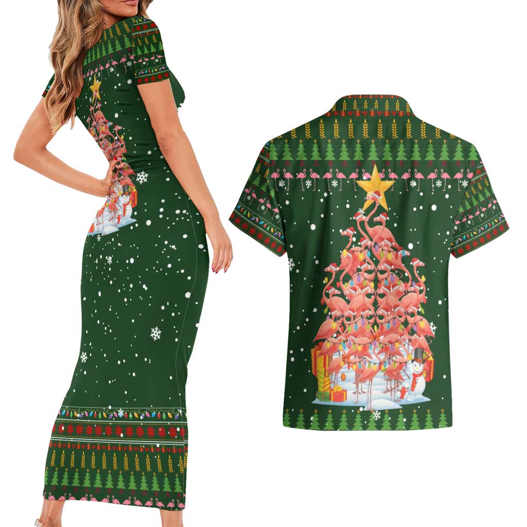 Flamingo Christmas Tree Christmas Couples Matching Short Sleeve Bodycon Dress and Hawaiian Shirt Funny Xmas Holiday Patterns - Wonder Print Shop
