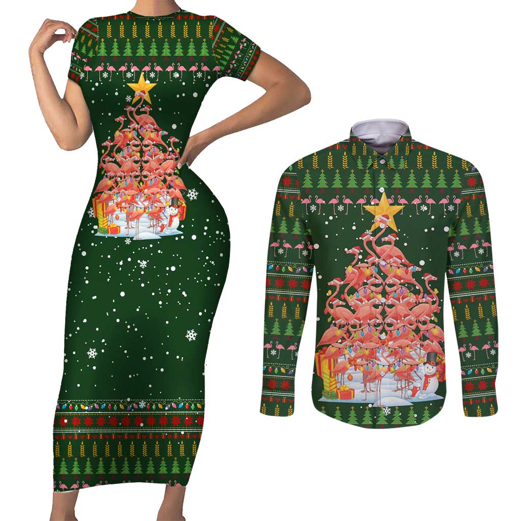 Flamingo Christmas Tree Christmas Couples Matching Short Sleeve Bodycon Dress and Long Sleeve Button Shirt Funny Xmas Holiday Patterns - Wonder Print Shop