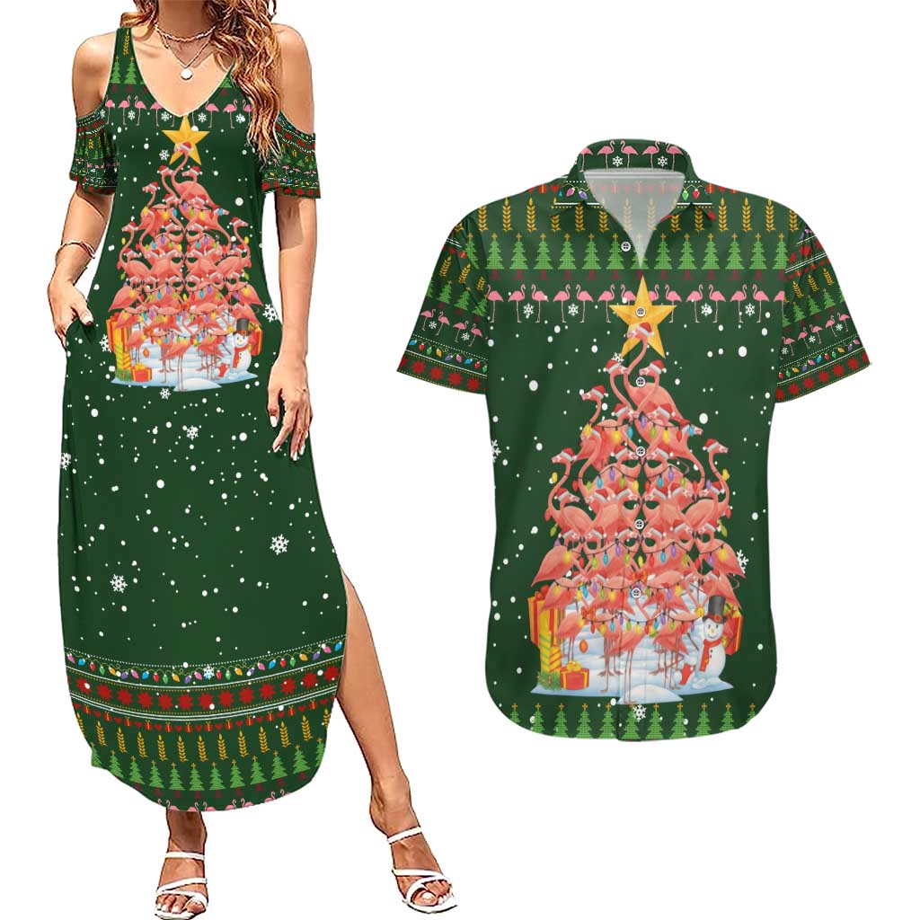 Flamingo Christmas Tree Christmas Couples Matching Summer Maxi Dress and Hawaiian Shirt Funny Xmas Holiday Patterns - Wonder Print Shop