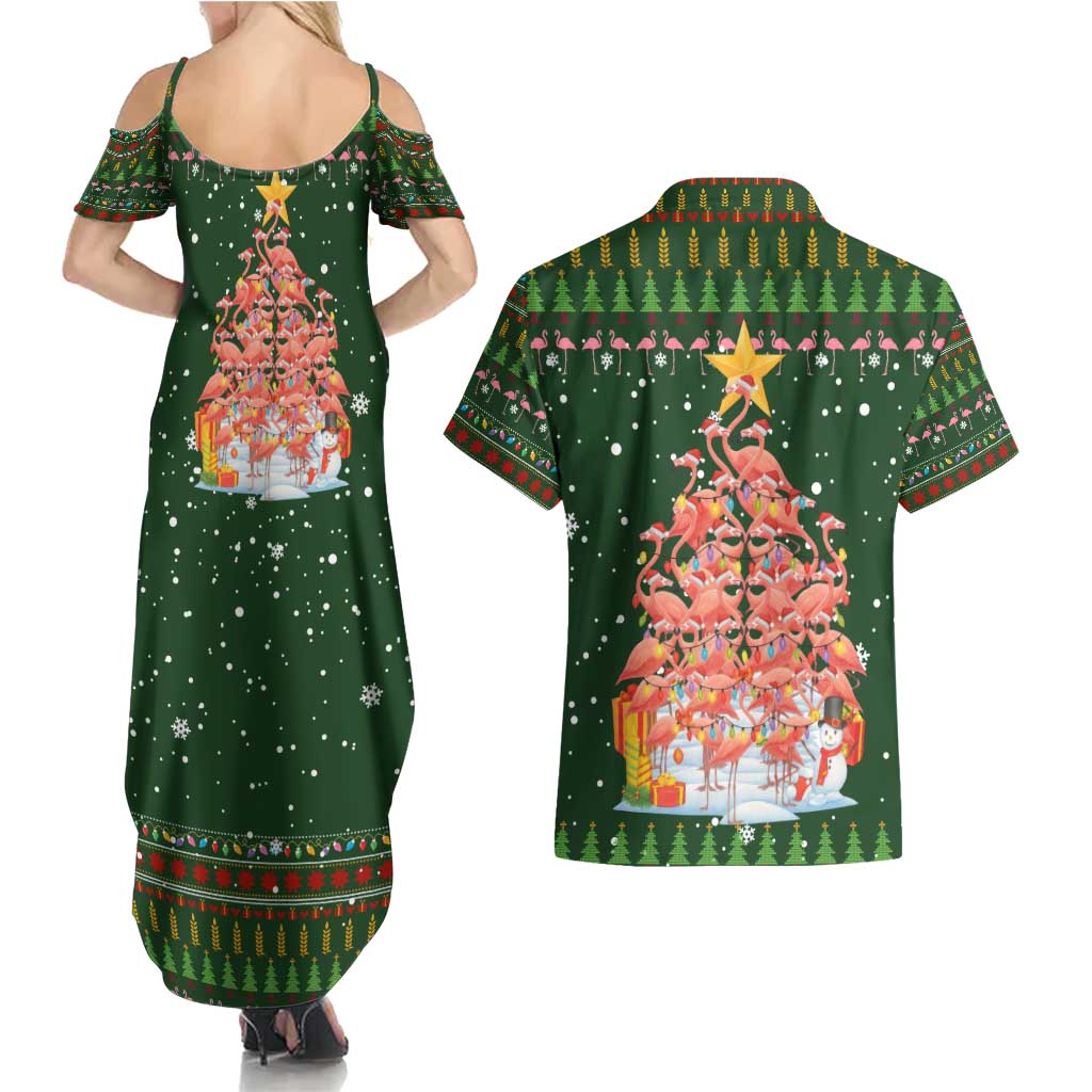 Flamingo Christmas Tree Christmas Couples Matching Summer Maxi Dress and Hawaiian Shirt Funny Xmas Holiday Patterns - Wonder Print Shop