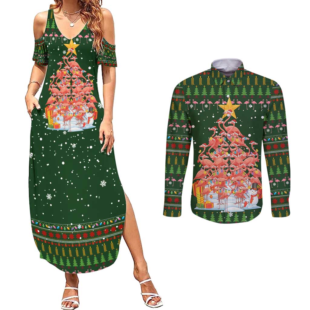 Flamingo Christmas Tree Christmas Couples Matching Summer Maxi Dress and Long Sleeve Button Shirt Funny Xmas Holiday Patterns - Wonder Print Shop