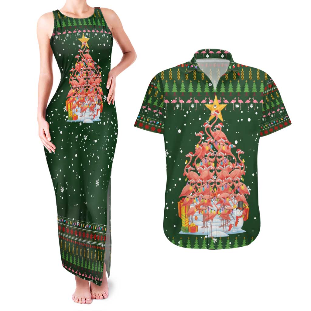 Flamingo Christmas Tree Christmas Couples Matching Tank Maxi Dress and Hawaiian Shirt Funny Xmas Holiday Patterns - Wonder Print Shop