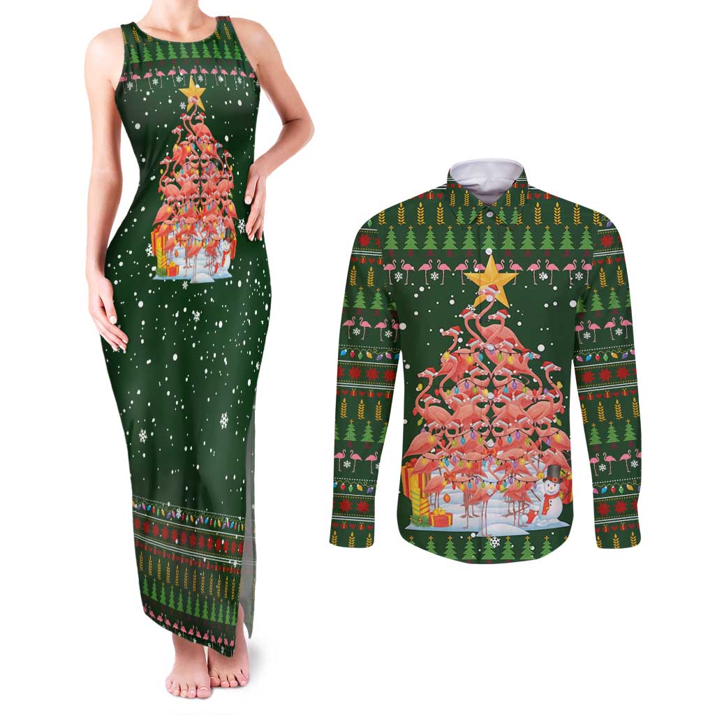Flamingo Christmas Tree Christmas Couples Matching Tank Maxi Dress and Long Sleeve Button Shirt Funny Xmas Holiday Patterns - Wonder Print Shop