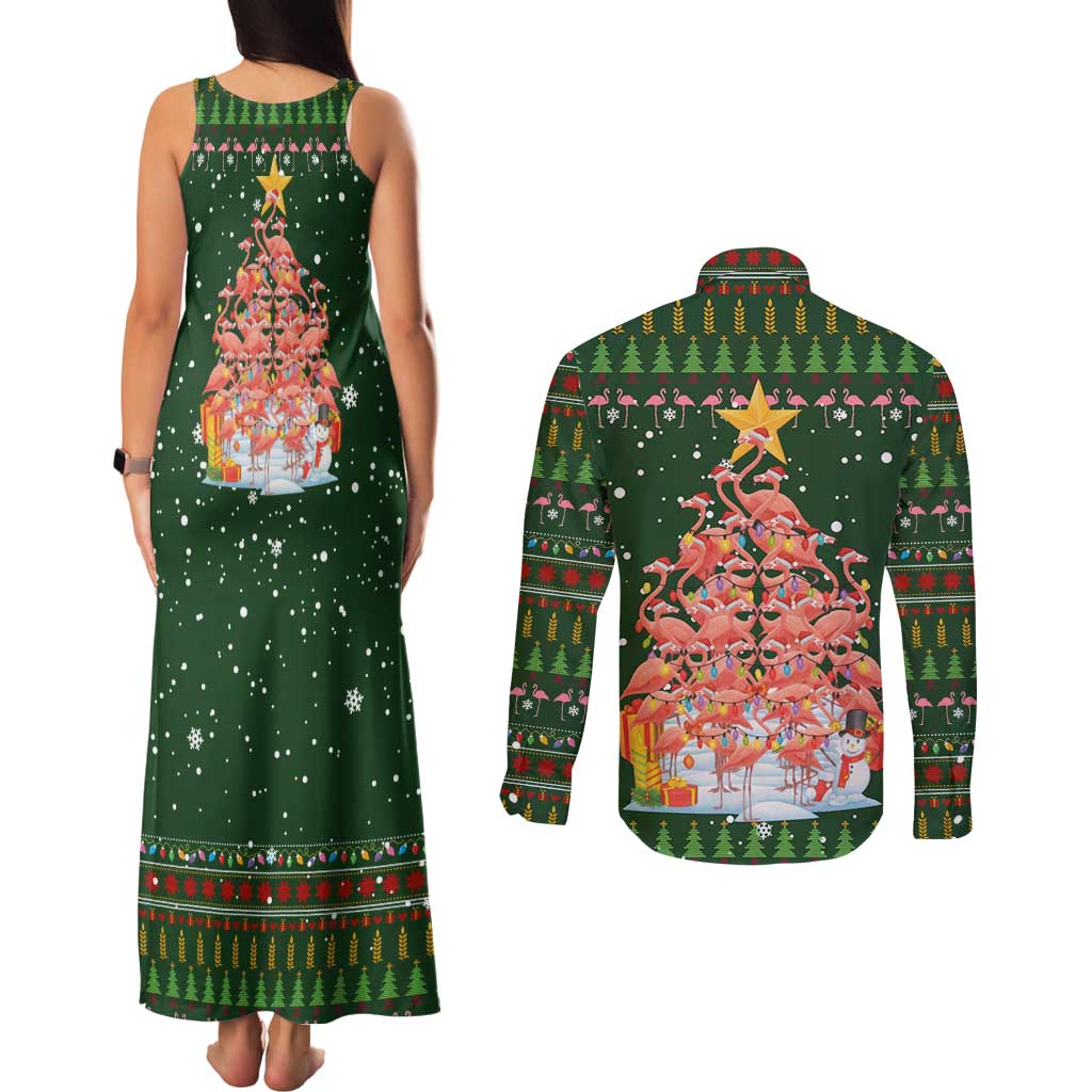 Flamingo Christmas Tree Christmas Couples Matching Tank Maxi Dress and Long Sleeve Button Shirt Funny Xmas Holiday Patterns - Wonder Print Shop